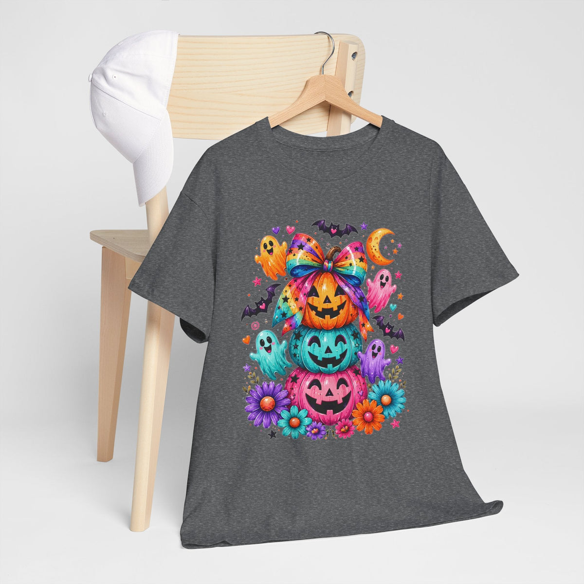 Cute Rainbow Pumpkin Stack Halloween Tee — Colorful Jack-o’-Lanterns & Ghosts T-Shirt - Westport Cove