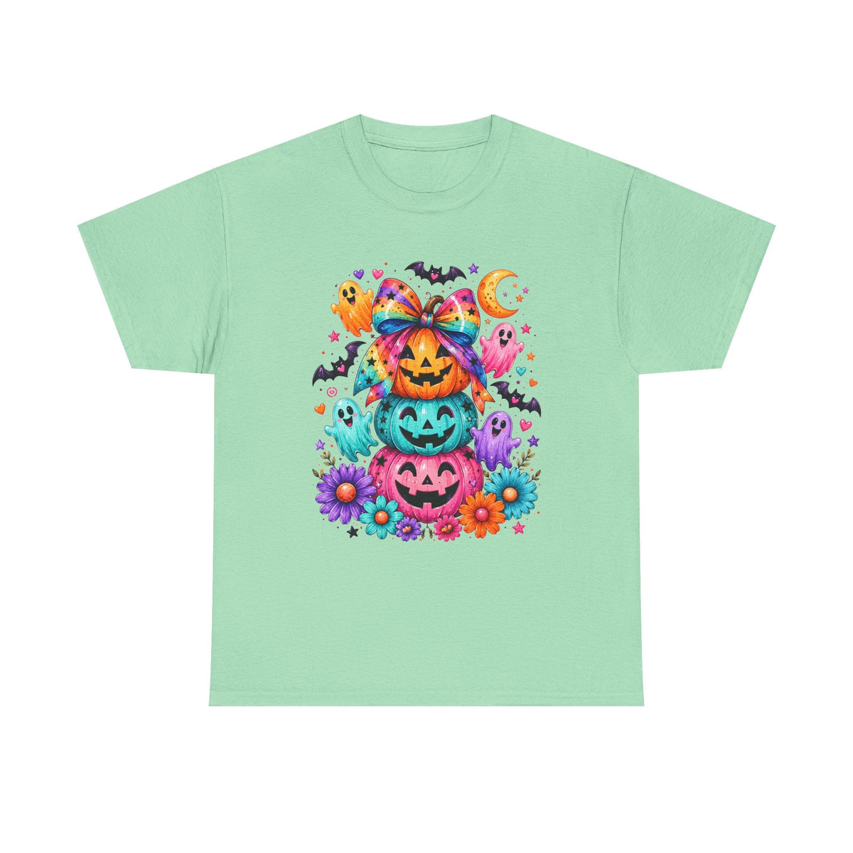 Cute Rainbow Pumpkin Stack Halloween Tee — Colorful Jack-o’-Lanterns & Ghosts T-Shirt - Westport Cove