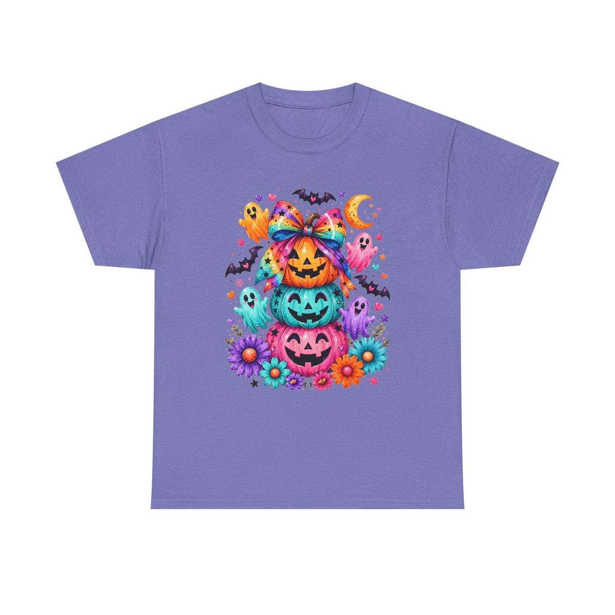Cute Rainbow Pumpkin Stack Halloween Tee — Colorful Jack-o’-Lanterns & Ghosts T-Shirt - Westport Cove