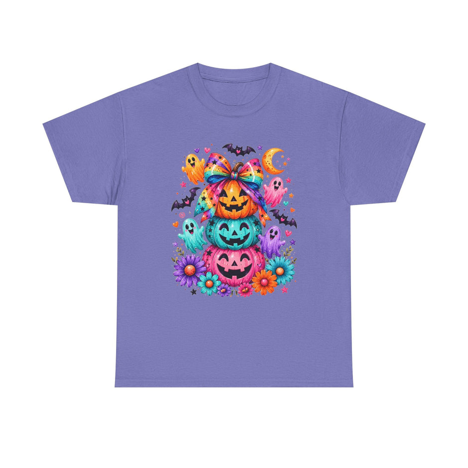 Cute Rainbow Pumpkin Stack Halloween Tee — Colorful Jack-o’-Lanterns & Ghosts T-Shirt - Westport Cove