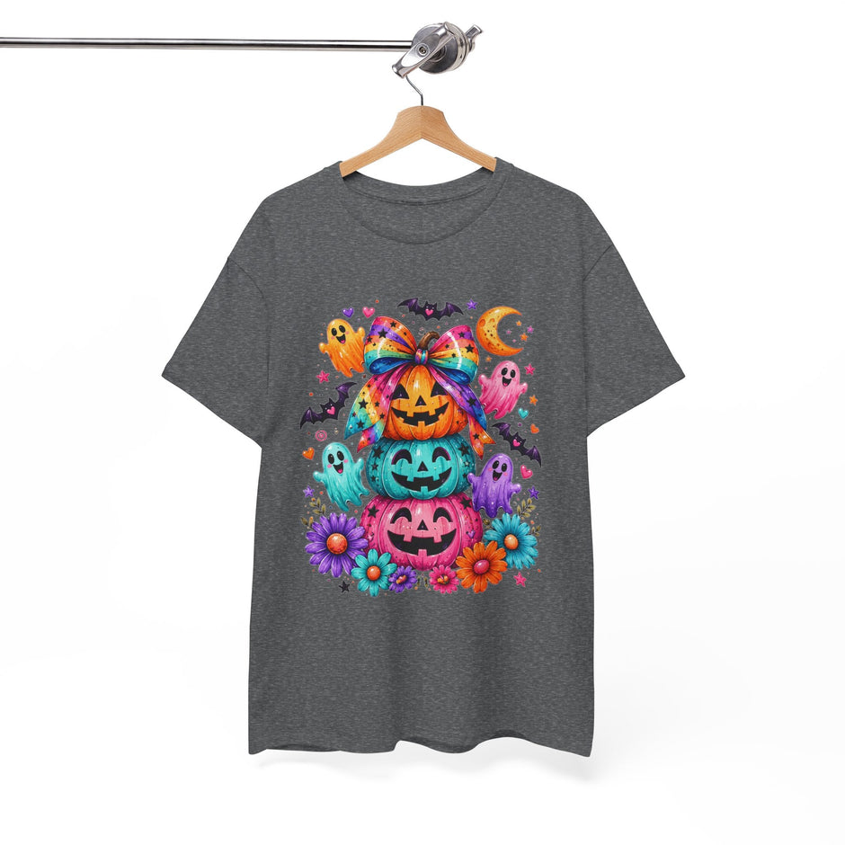 Cute Rainbow Pumpkin Stack Halloween Tee — Colorful Jack-o’-Lanterns & Ghosts T-Shirt - Westport Cove