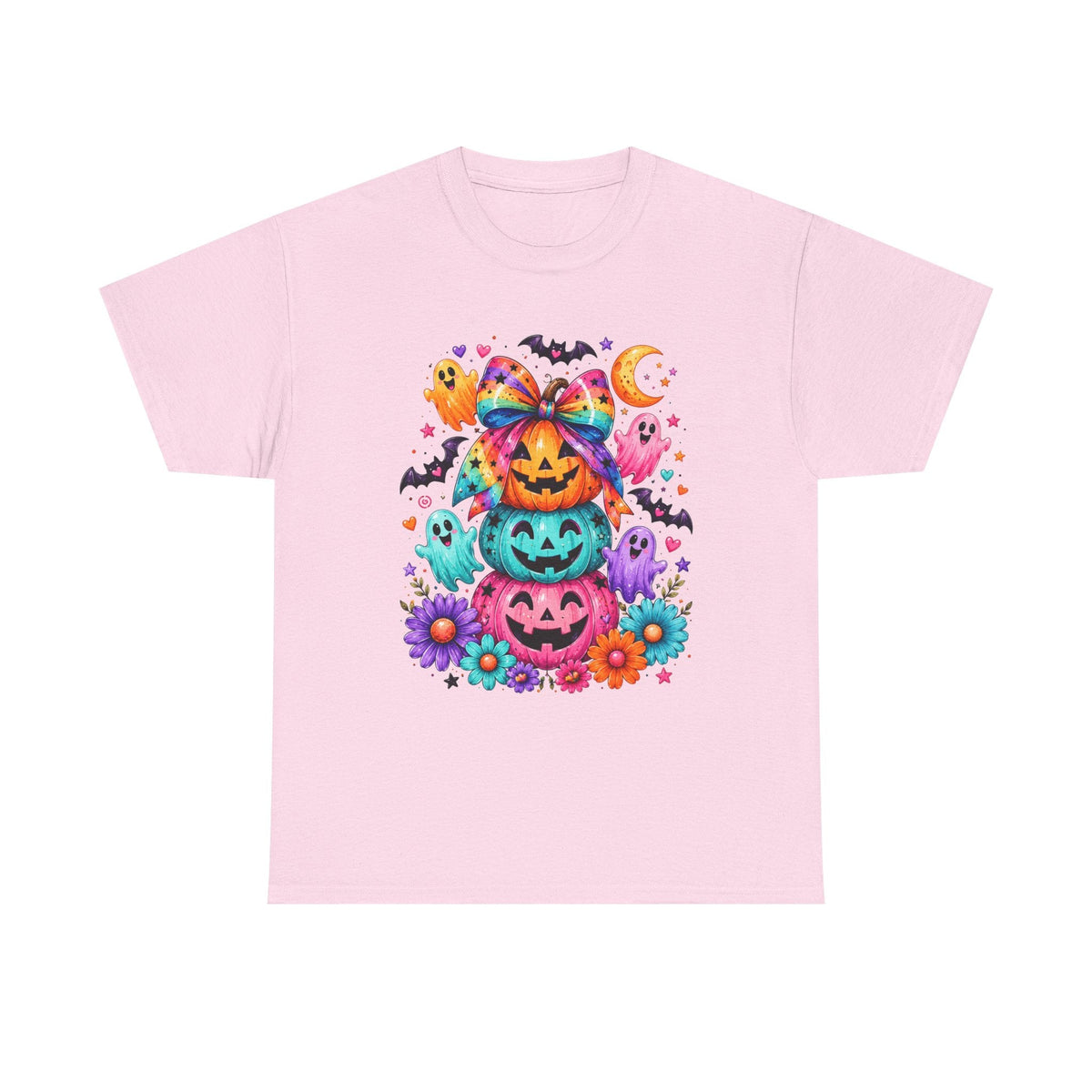 Cute Rainbow Pumpkin Stack Halloween Tee — Colorful Jack-o’-Lanterns & Ghosts T-Shirt - Westport Cove