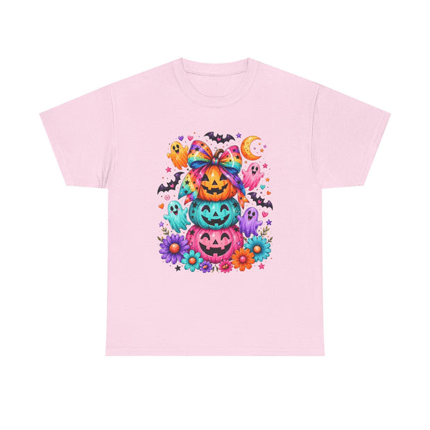 Cute Rainbow Pumpkin Stack Halloween Tee — Colorful Jack-o’-Lanterns & Ghosts T-Shirt - Westport Cove