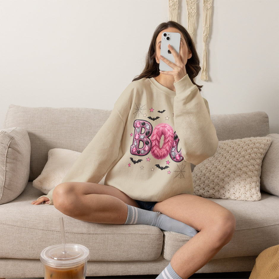 Halloween 'Boo' Crewneck Sweatshirt — Cute Pink Bat & Star Graphic - Westport Cove