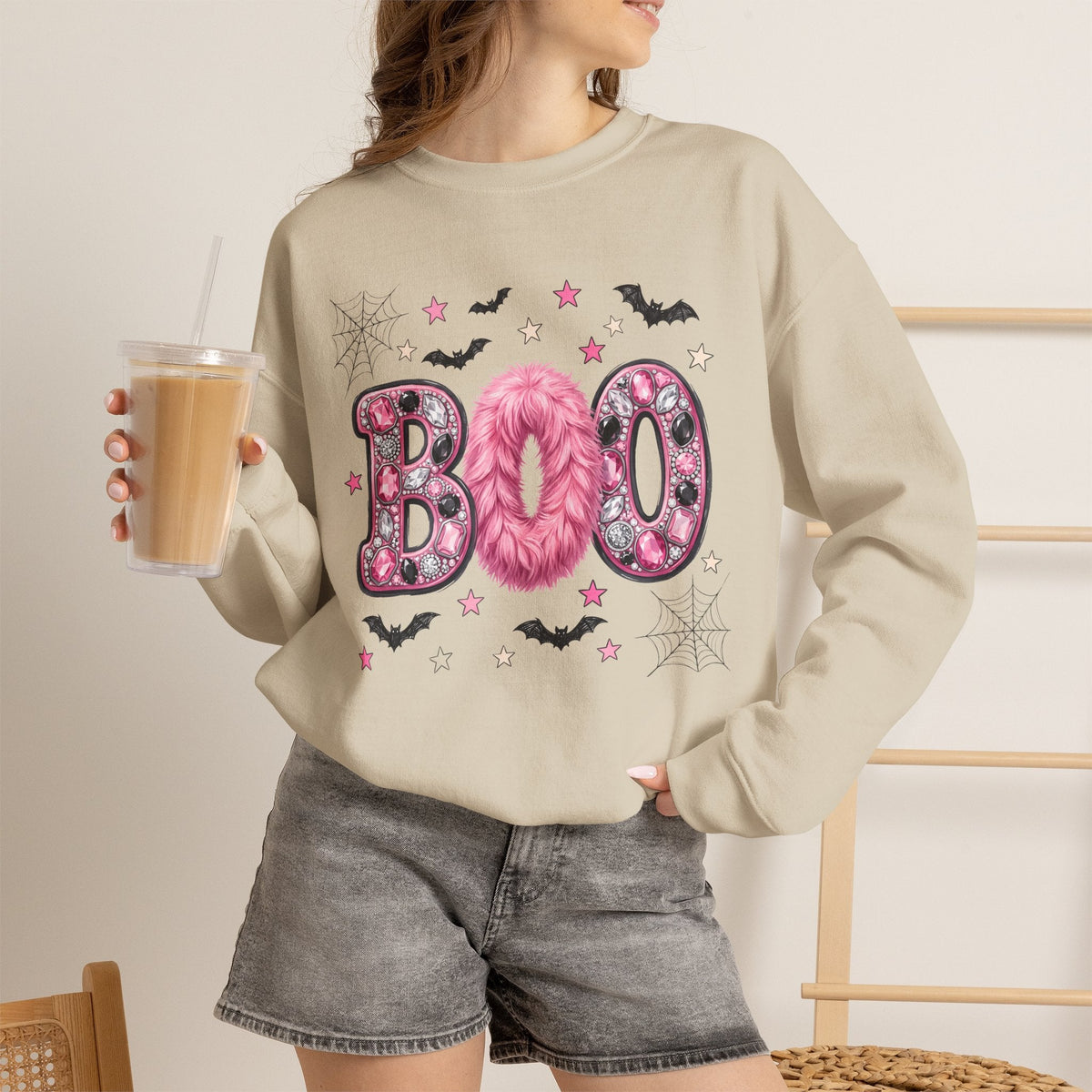 Halloween 'Boo' Crewneck Sweatshirt — Cute Pink Bat & Star Graphic - Westport Cove