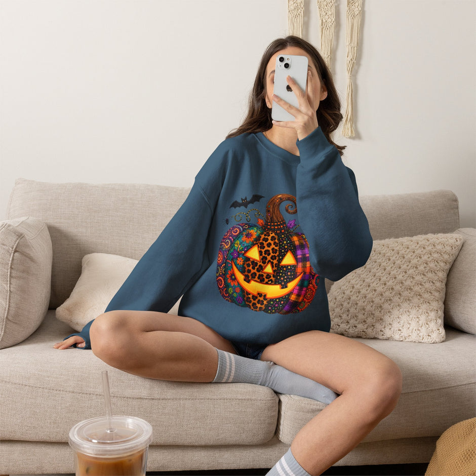 Halloween Jack-O'-Lantern Sweatshirt — Colorful Patterned Pumpkin Crewneck - Westport Cove