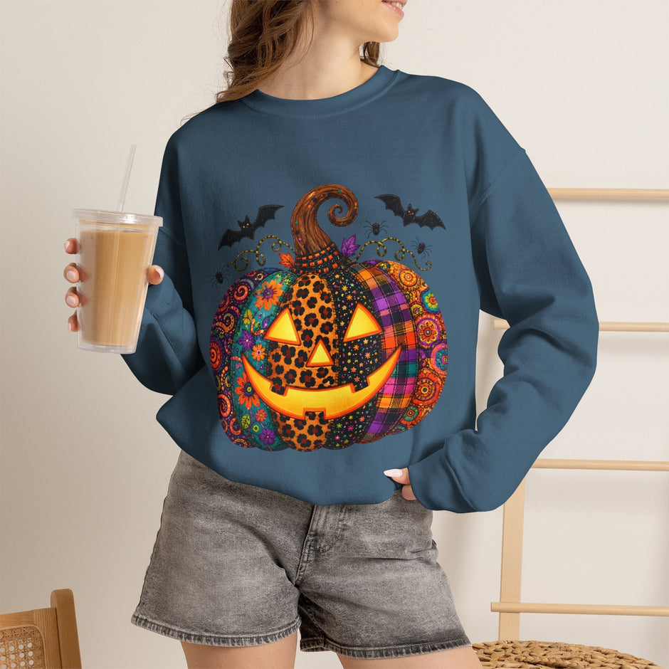 Halloween Jack-O'-Lantern Sweatshirt — Colorful Patterned Pumpkin Crewneck - Westport Cove