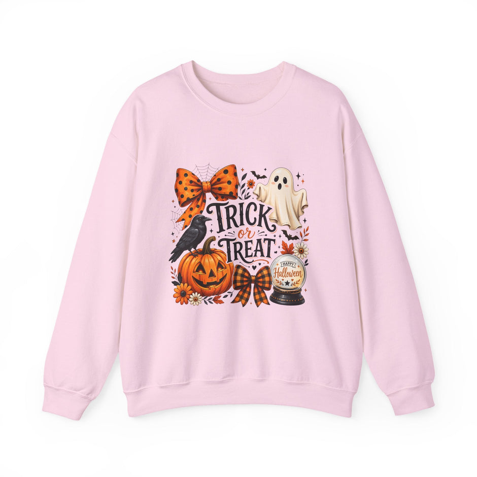 Halloween "Trick or Treat" Crewneck Sweatshirt — Cute Ghost, Pumpkin & Crow Fall Pullover - Westport Cove