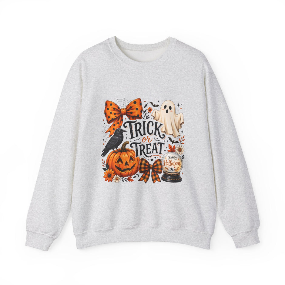 Halloween "Trick or Treat" Crewneck Sweatshirt — Cute Ghost, Pumpkin & Crow Fall Pullover - Westport Cove