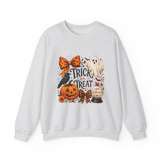 Halloween "Trick or Treat" Crewneck Sweatshirt — Cute Ghost, Pumpkin & Crow Fall Pullover - Westport Cove