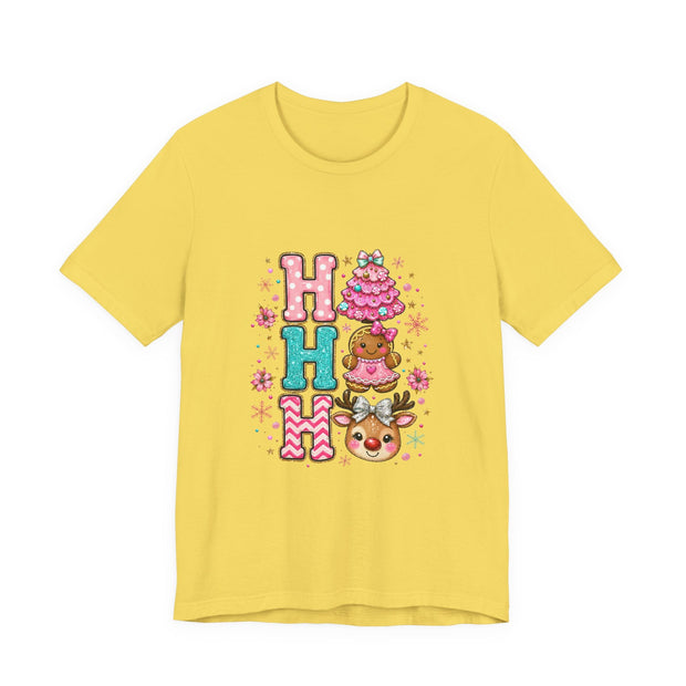 Ho Ho Ho Cute Christmas Tee — Pink Tree, Gingerbread & Reindeer Holiday Shirt - Westport Cove