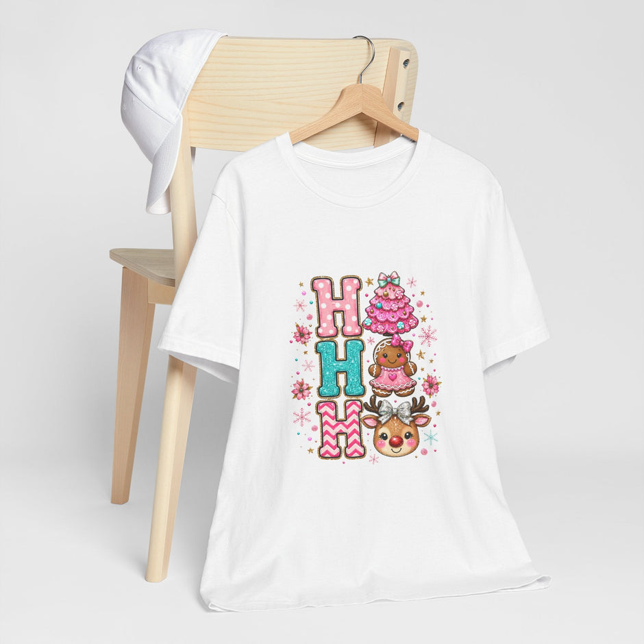 Ho Ho Ho Cute Christmas Tee — Pink Tree, Gingerbread & Reindeer Holiday Shirt - Westport Cove