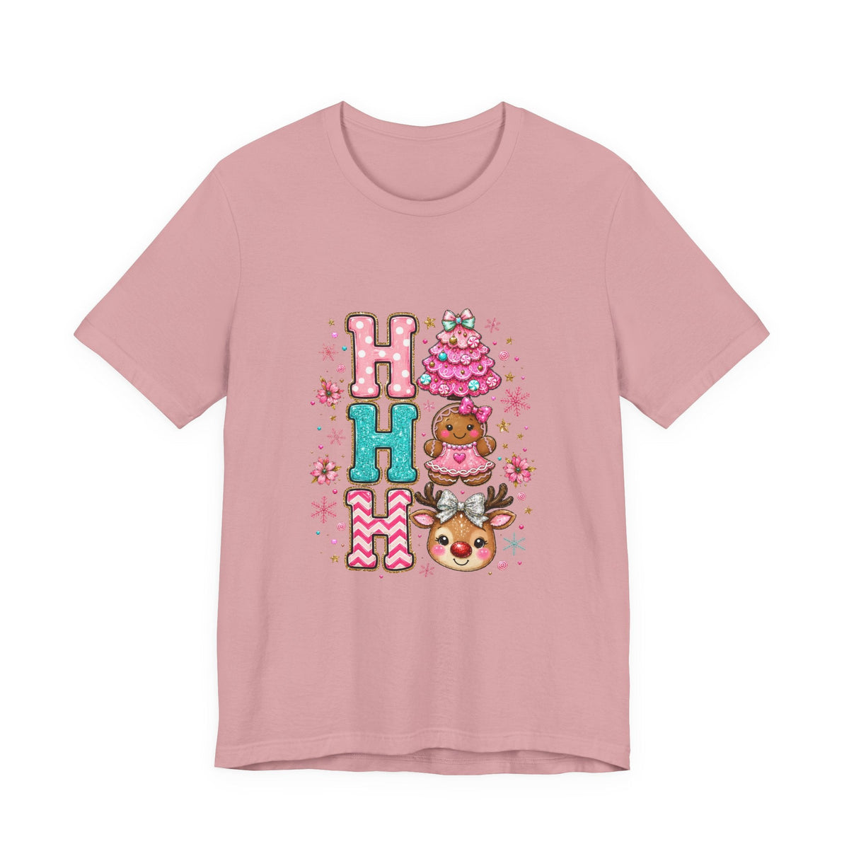 Ho Ho Ho Cute Christmas Tee — Pink Tree, Gingerbread & Reindeer Holiday Shirt - Westport Cove