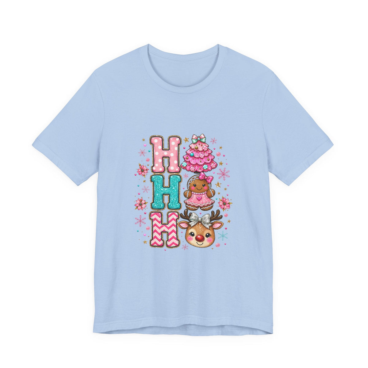 Ho Ho Ho Cute Christmas Tee — Pink Tree, Gingerbread & Reindeer Holiday Shirt - Westport Cove