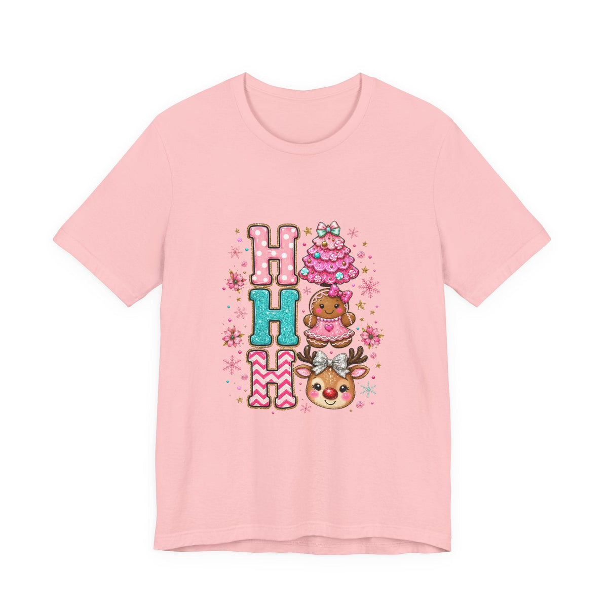 Ho Ho Ho Cute Christmas Tee — Pink Tree, Gingerbread & Reindeer Holiday Shirt - Westport Cove