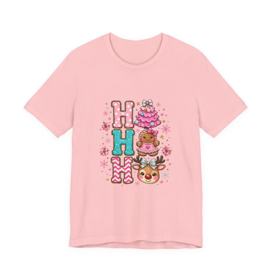 Ho Ho Ho Cute Christmas Tee — Pink Tree, Gingerbread & Reindeer Holiday Shirt - Westport Cove