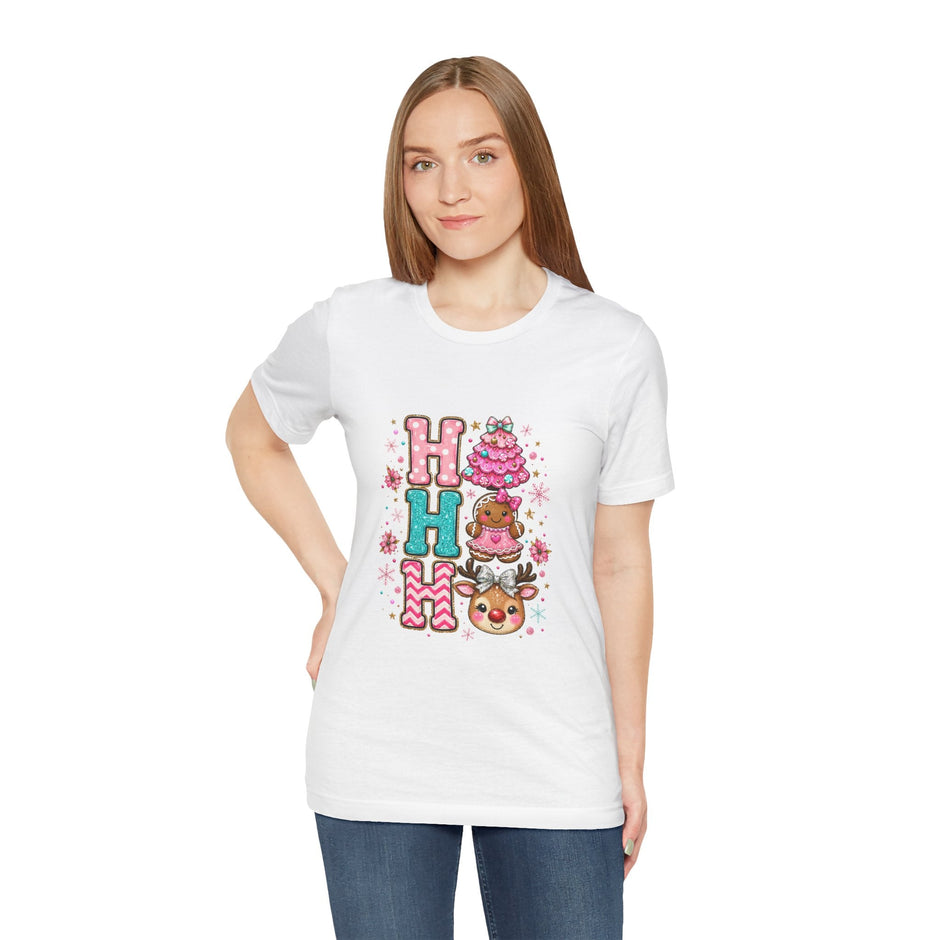 Ho Ho Ho Cute Christmas Tee — Pink Tree, Gingerbread & Reindeer Holiday Shirt - Westport Cove