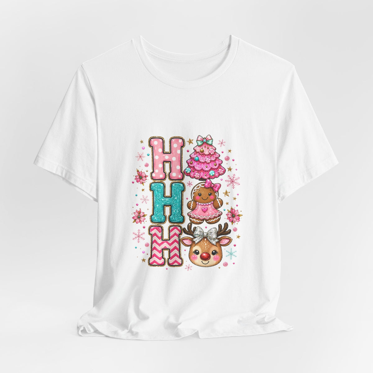 Ho Ho Ho Cute Christmas Tee — Pink Tree, Gingerbread & Reindeer Holiday Shirt - Westport Cove