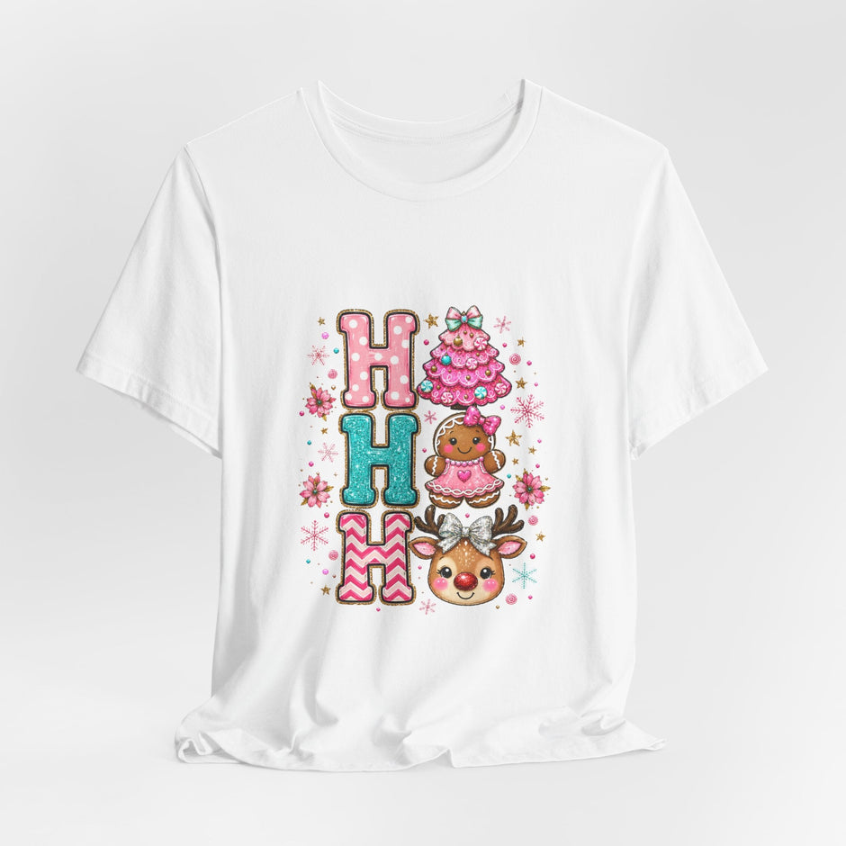 Ho Ho Ho Cute Christmas Tee — Pink Tree, Gingerbread & Reindeer Holiday Shirt - Westport Cove