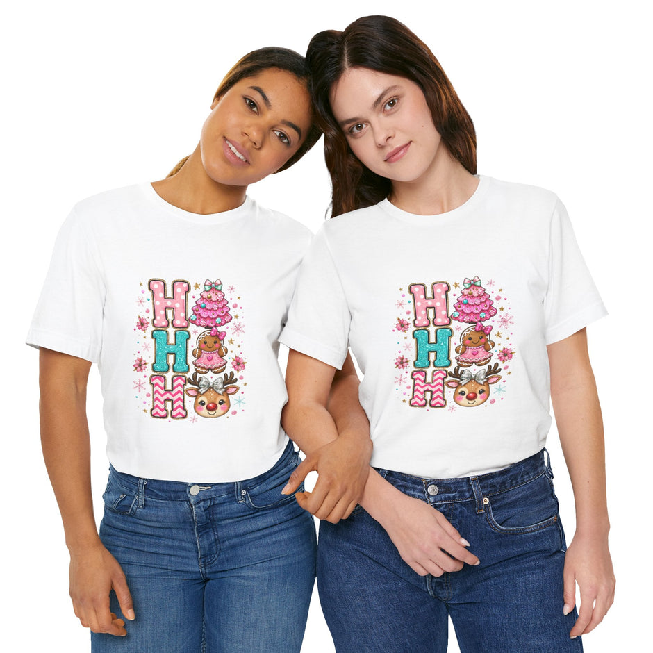 Ho Ho Ho Cute Christmas Tee — Pink Tree, Gingerbread & Reindeer Holiday Shirt - Westport Cove