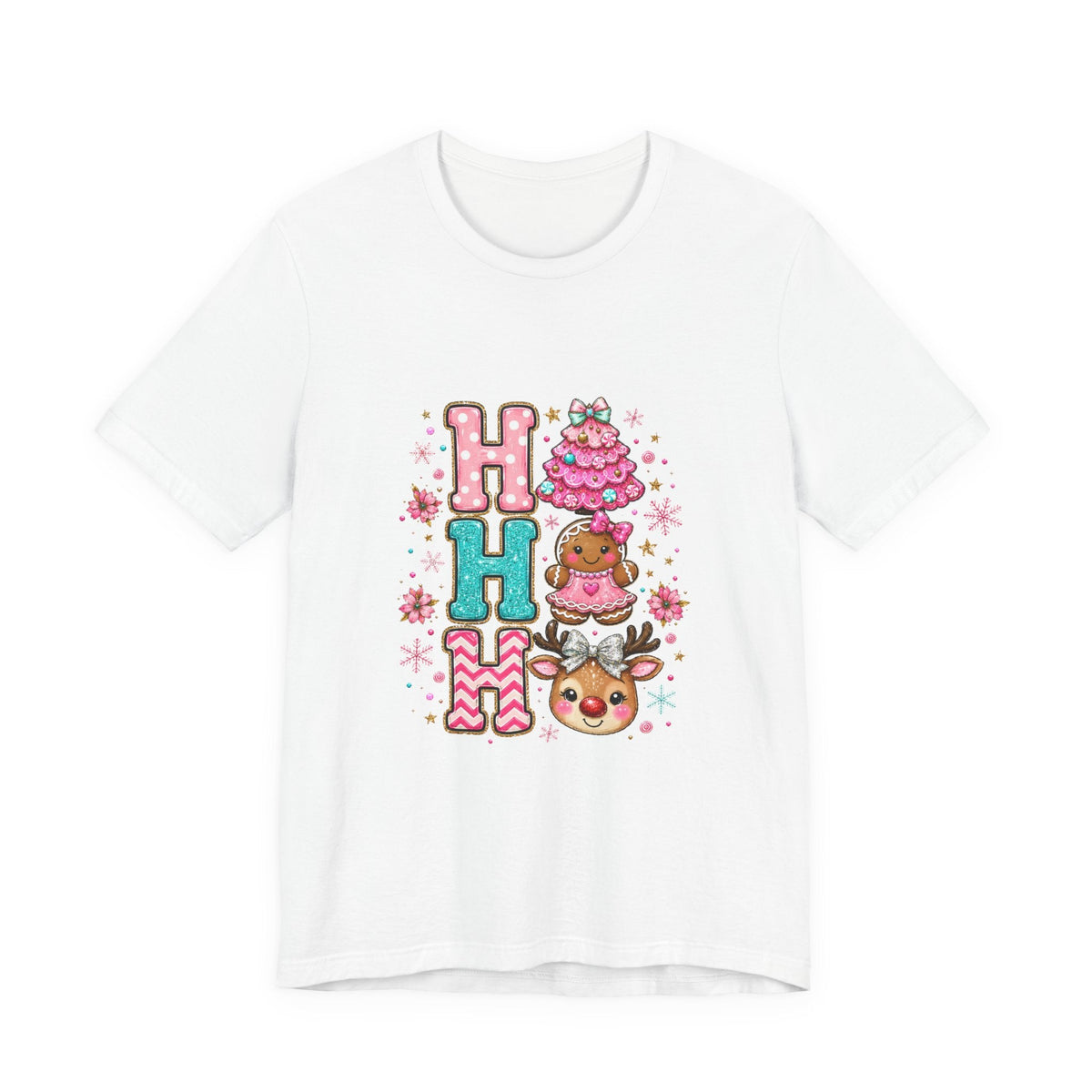 Ho Ho Ho Cute Christmas Tee — Pink Tree, Gingerbread & Reindeer Holiday Shirt - Westport Cove