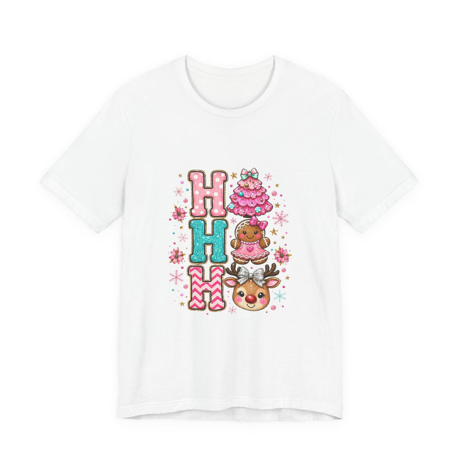 Ho Ho Ho Cute Christmas Tee — Pink Tree, Gingerbread & Reindeer Holiday Shirt - Westport Cove