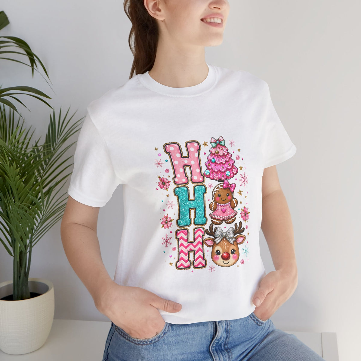 Ho Ho Ho Cute Christmas Tee — Pink Tree, Gingerbread & Reindeer Holiday Shirt - Westport Cove