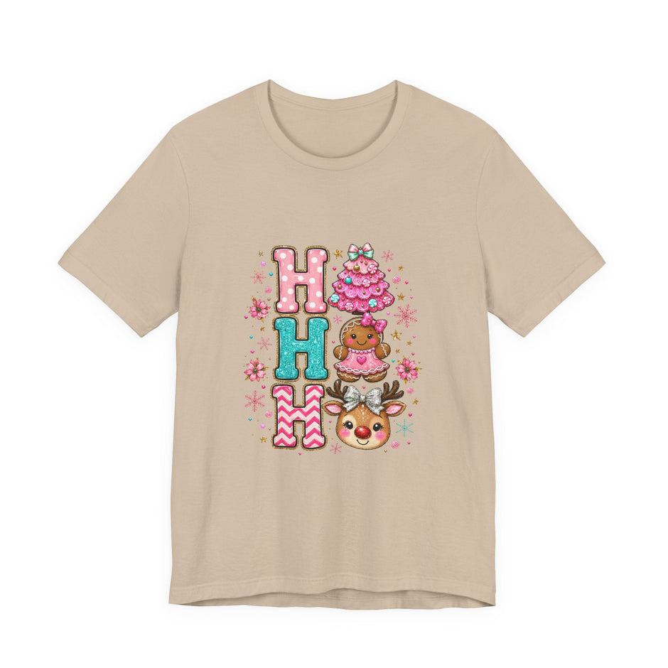 Ho Ho Ho Cute Christmas Tee — Pink Tree, Gingerbread & Reindeer Holiday Shirt - Westport Cove