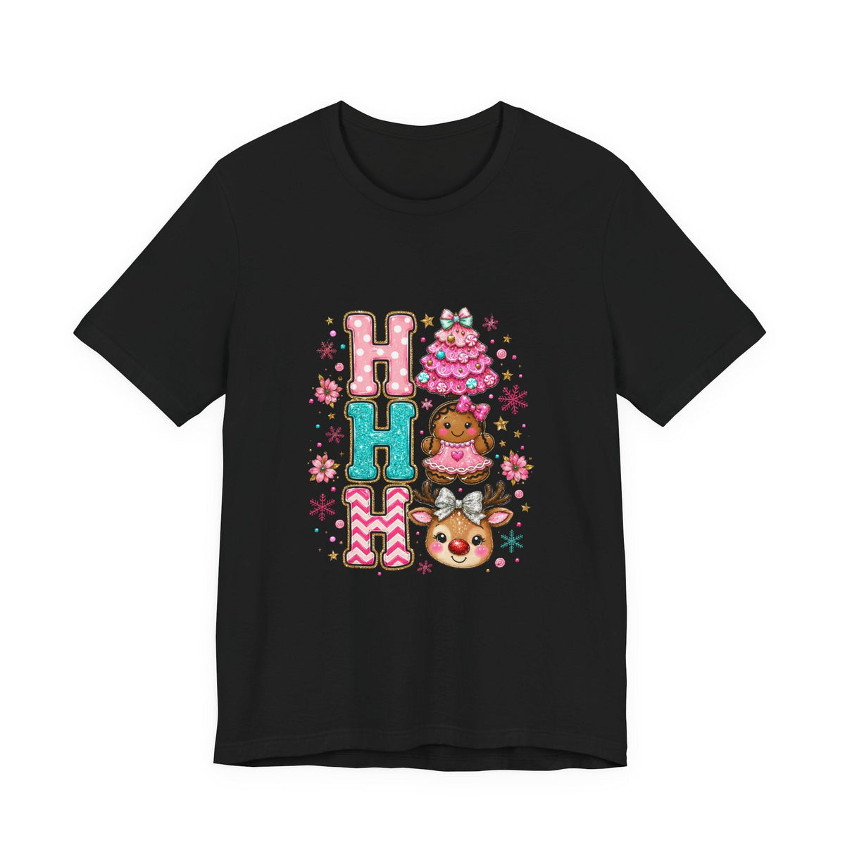 Ho Ho Ho Cute Christmas Tee — Pink Tree, Gingerbread & Reindeer Holiday Shirt - Westport Cove