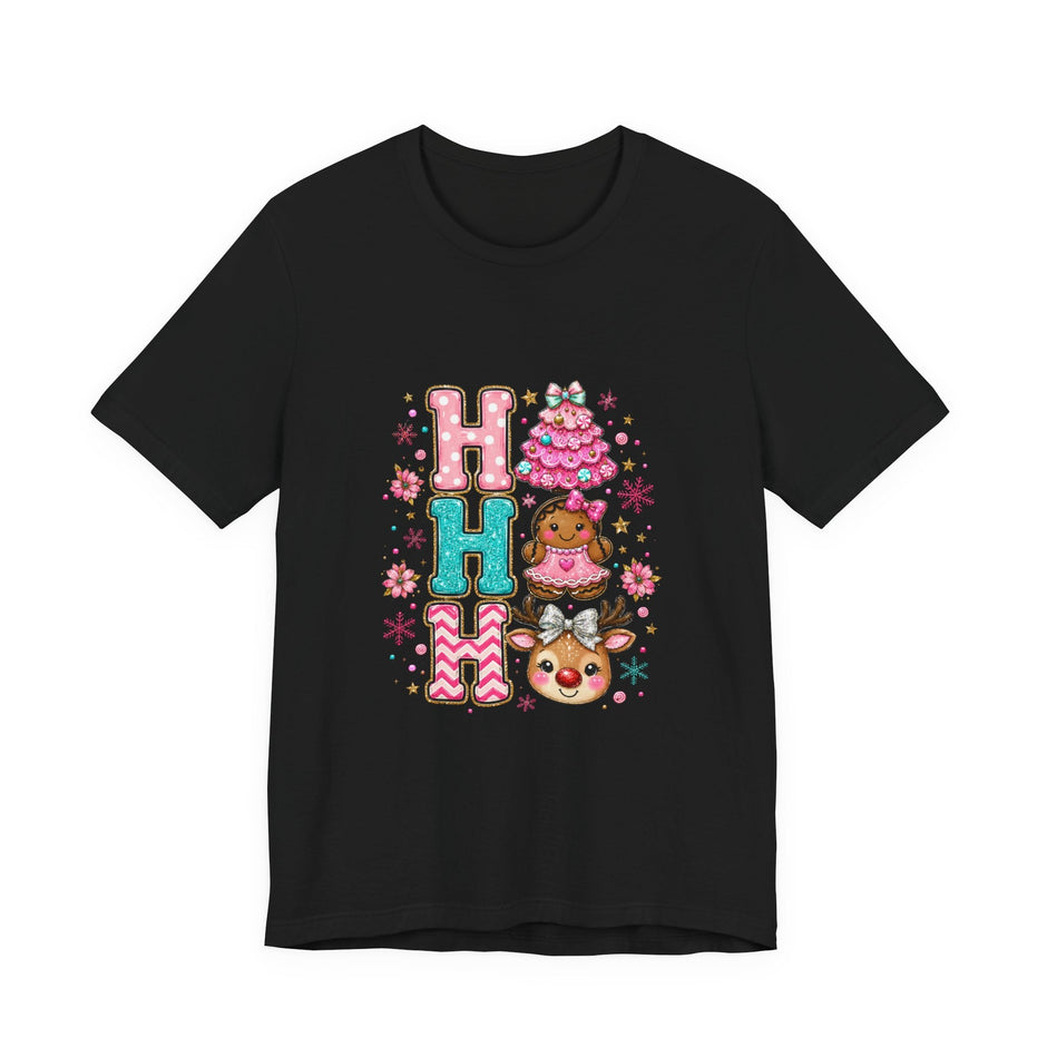 Ho Ho Ho Cute Christmas Tee — Pink Tree, Gingerbread & Reindeer Holiday Shirt - Westport Cove