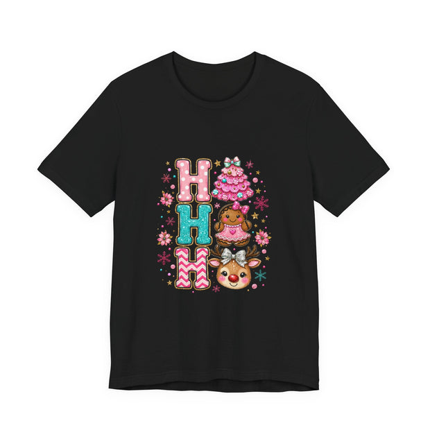 Ho Ho Ho Cute Christmas Tee — Pink Tree, Gingerbread & Reindeer Holiday Shirt - Westport Cove