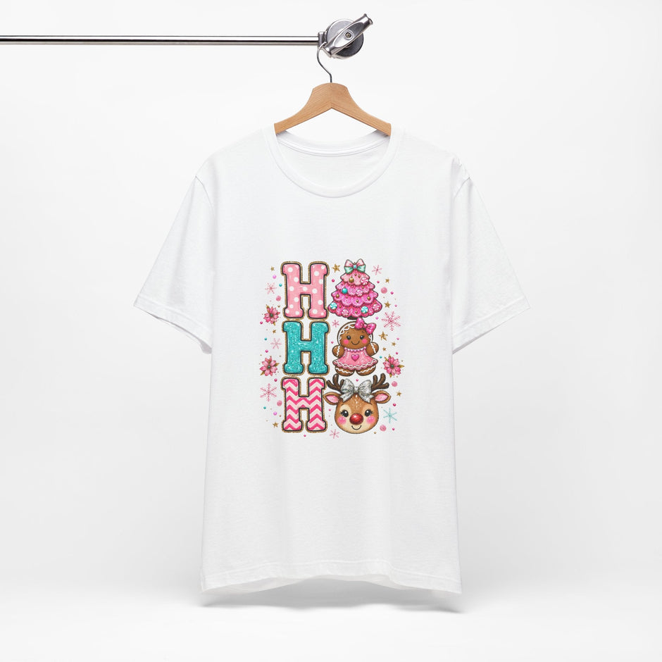 Ho Ho Ho Cute Christmas Tee — Pink Tree, Gingerbread & Reindeer Holiday Shirt - Westport Cove