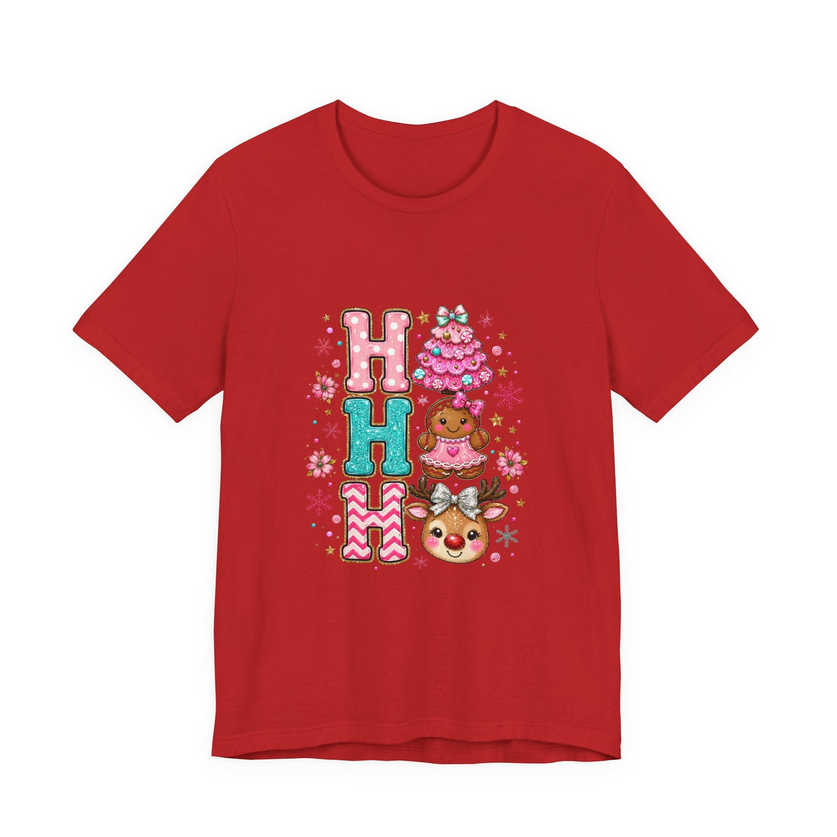 Ho Ho Ho Cute Christmas Tee — Pink Tree, Gingerbread & Reindeer Holiday Shirt - Westport Cove