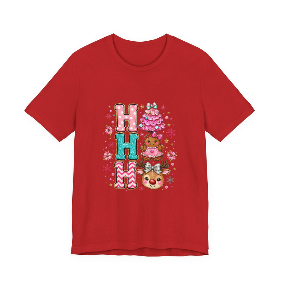Ho Ho Ho Cute Christmas Tee — Pink Tree, Gingerbread & Reindeer Holiday Shirt - Westport Cove
