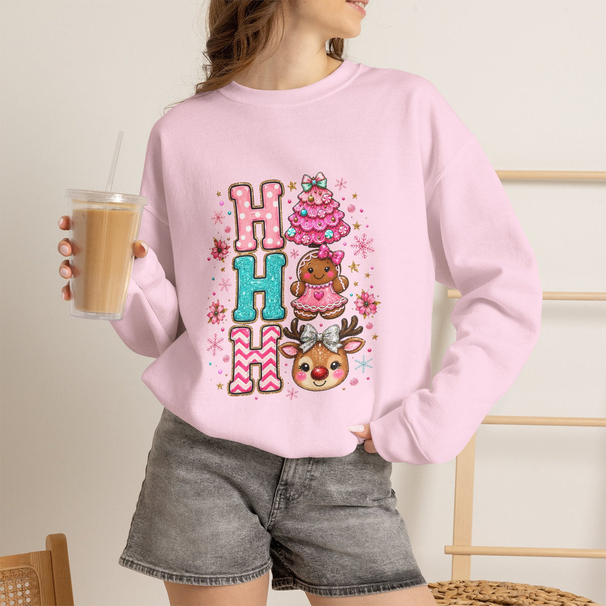 Holiday 'HO HO HO' Cute Reindeer & Gingerbread Crewneck Sweatshirt - Westport Cove