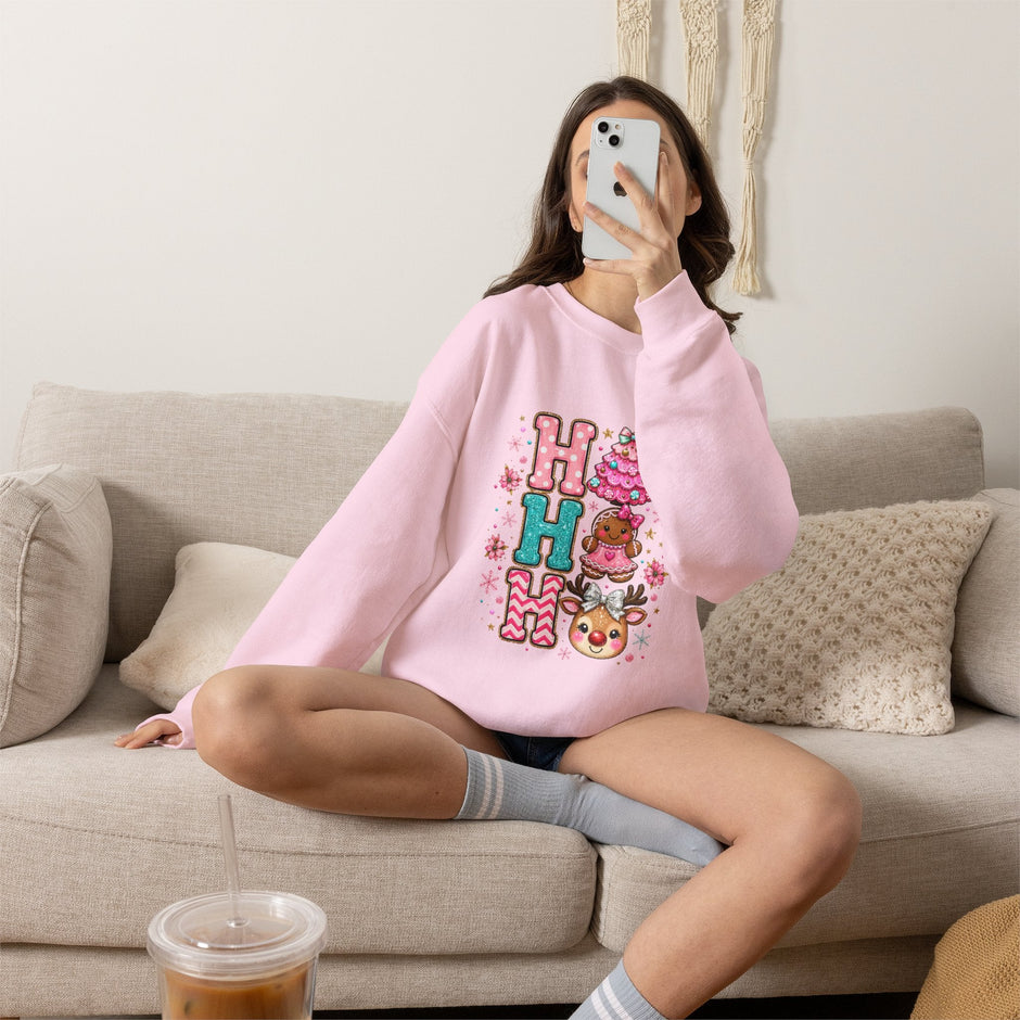 Holiday 'HO HO HO' Cute Reindeer & Gingerbread Crewneck Sweatshirt - Westport Cove