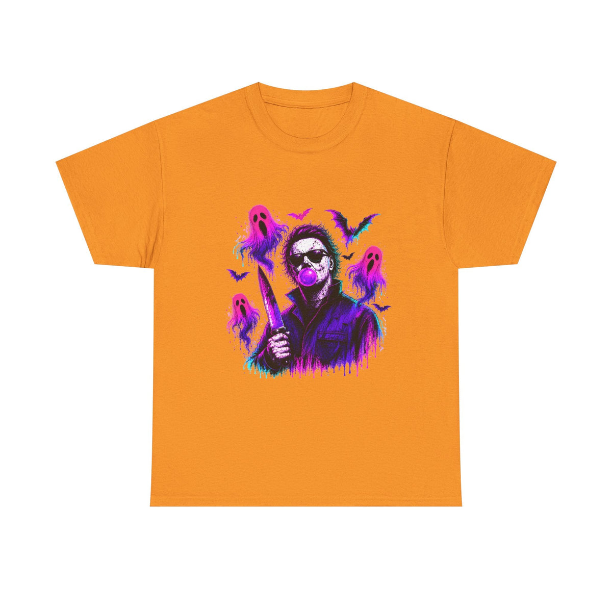 Horror Retro Tee — Neon Michael Myers Design with Ghosts & Bats - Westport Cove