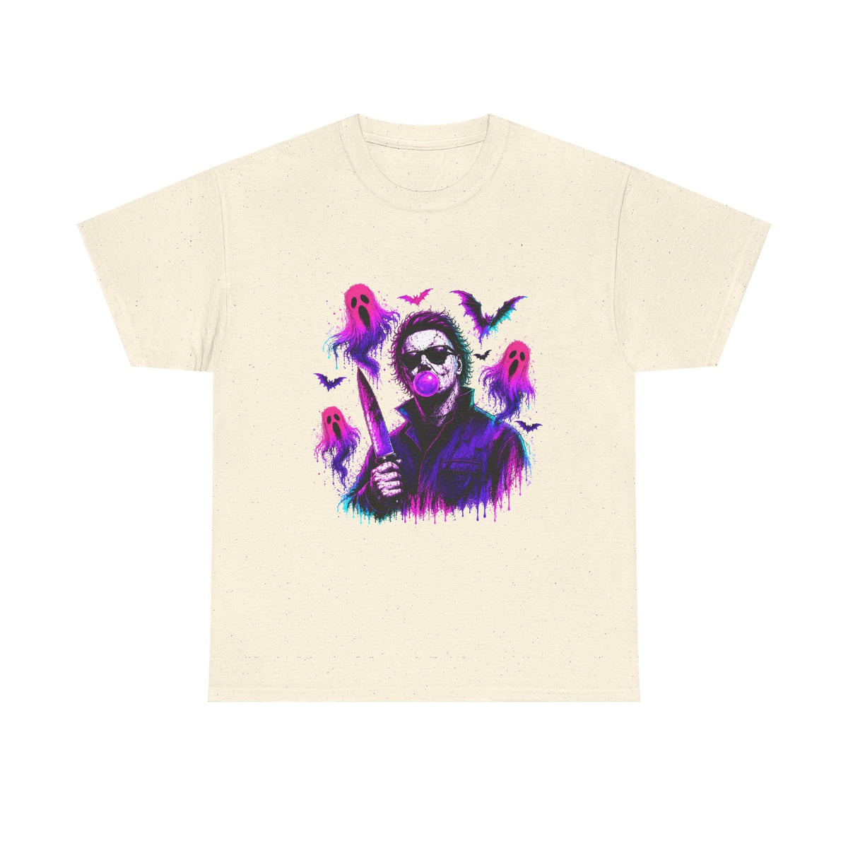 Horror Retro Tee — Neon Michael Myers Design with Ghosts & Bats - Westport Cove