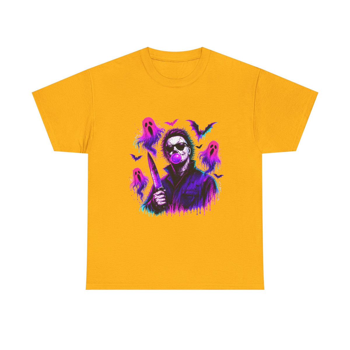 Horror Retro Tee — Neon Michael Myers Design with Ghosts & Bats - Westport Cove