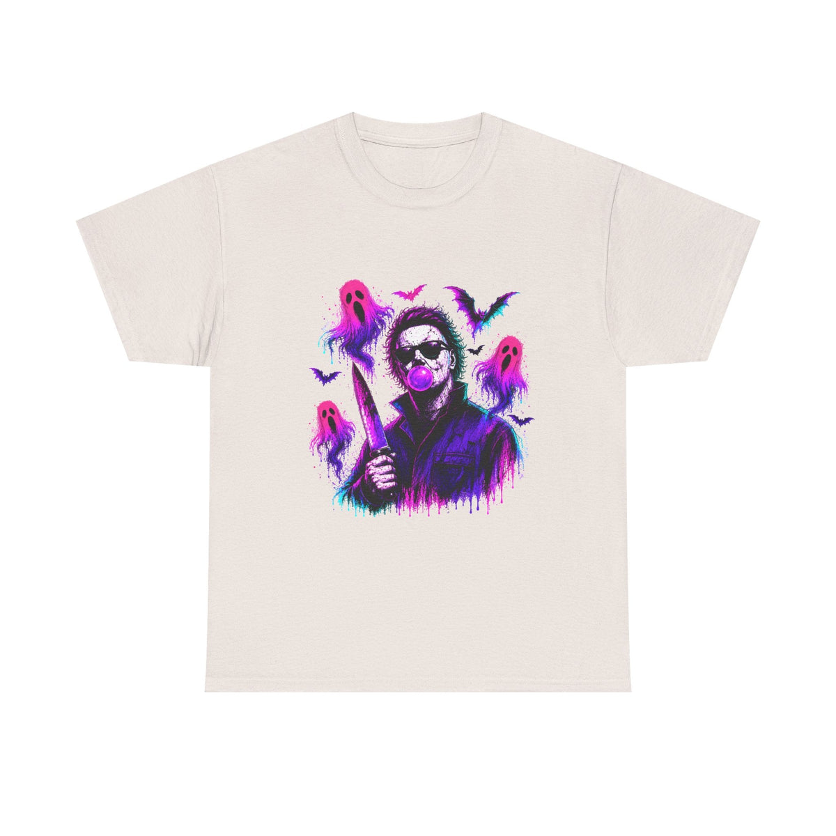 Horror Retro Tee — Neon Michael Myers Design with Ghosts & Bats - Westport Cove