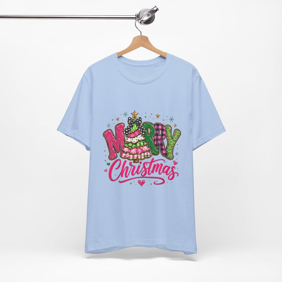 Merry Christmas Graphic Tee — Festive Pink & Green Holiday T-Shirt - Westport Cove