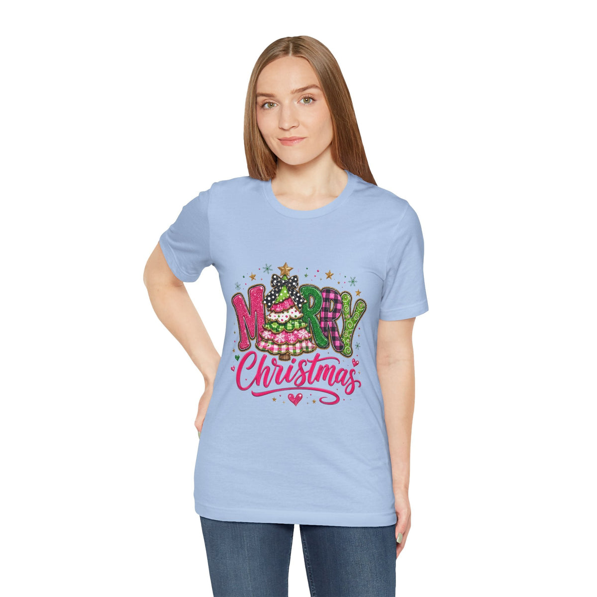 Merry Christmas Graphic Tee — Festive Pink & Green Holiday T-Shirt - Westport Cove