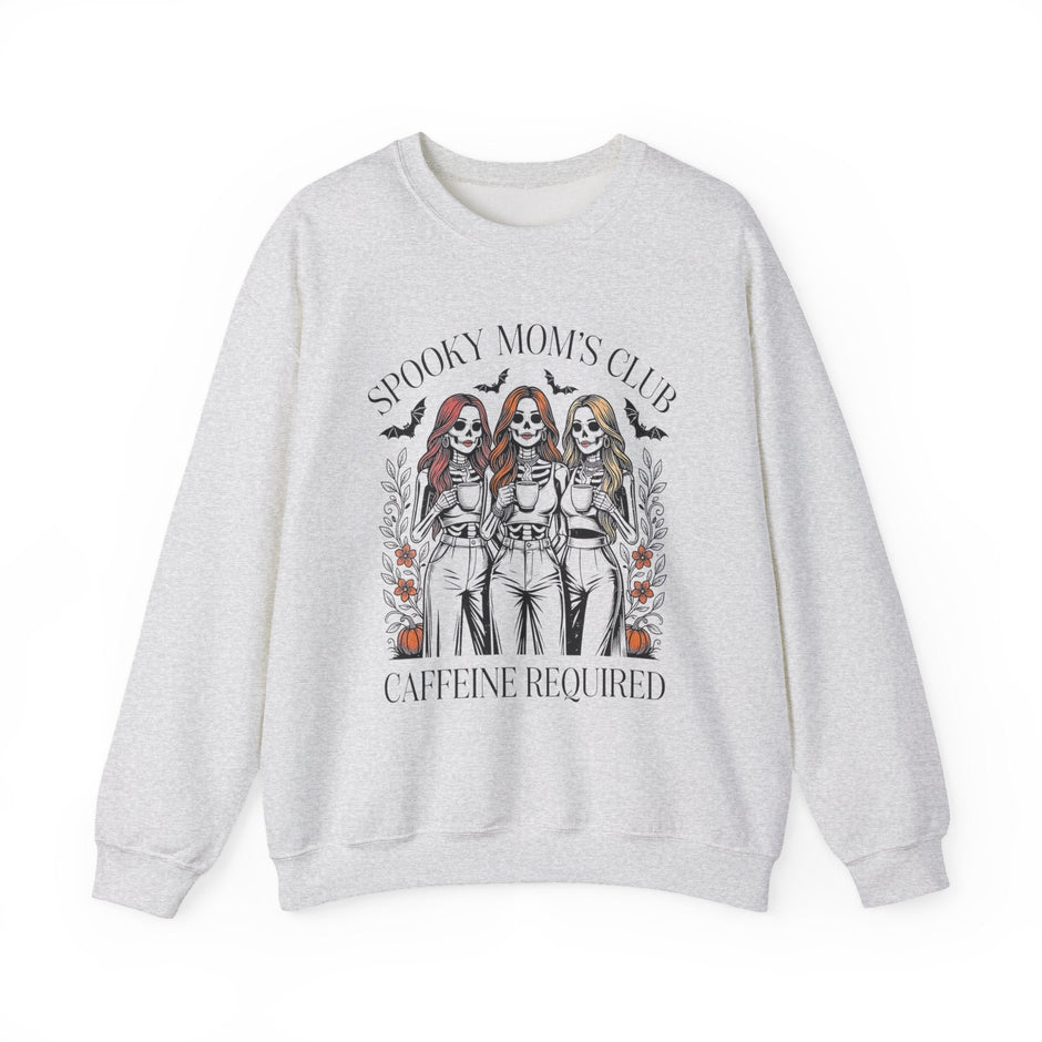 Spooky Moms Club Sweatshirt — "Caffeine Required" Halloween Skeleton Mom Crewneck - Westport Cove