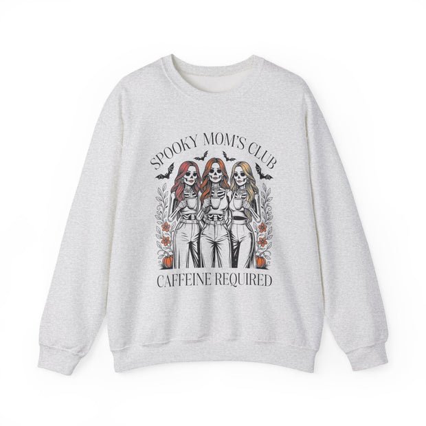 Spooky Moms Club Sweatshirt — "Caffeine Required" Halloween Skeleton Mom Crewneck - Westport Cove