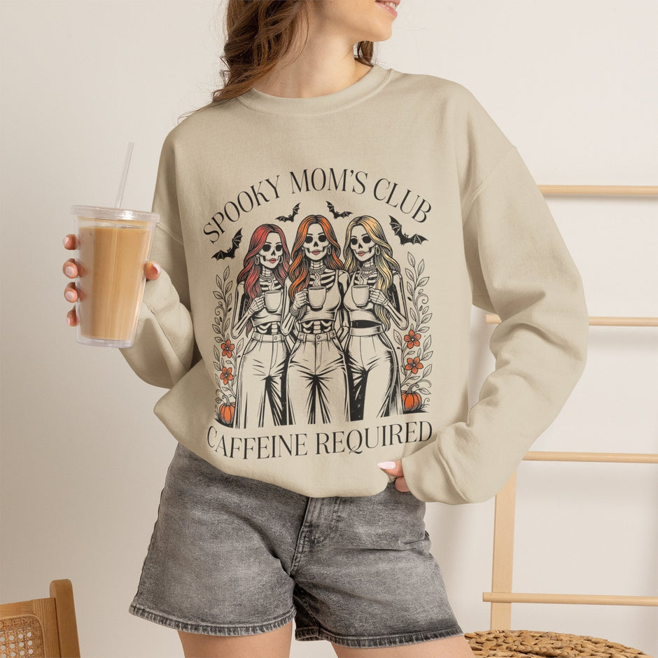 Spooky Moms Club Sweatshirt — "Caffeine Required" Halloween Skeleton Mom Crewneck - Westport Cove