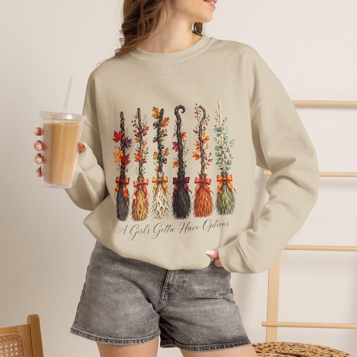 Witch Brooms Crewneck Sweatshirt —  Floral Brooms Fall Graphic - Westport Cove