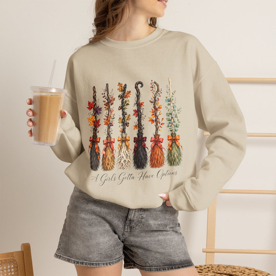 Witch Brooms Crewneck Sweatshirt —  Floral Brooms Fall Graphic - Westport Cove