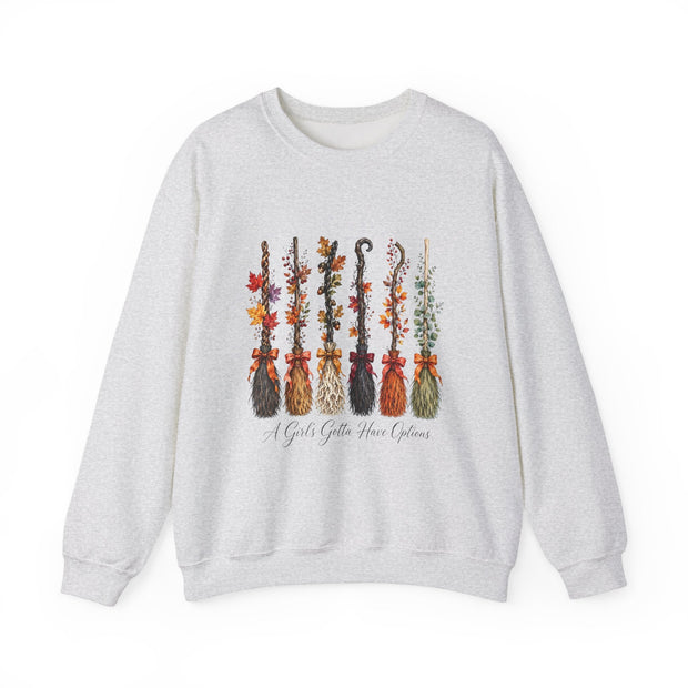 Witch Brooms Crewneck Sweatshirt — Floral Brooms Fall Graphic - Westport Cove